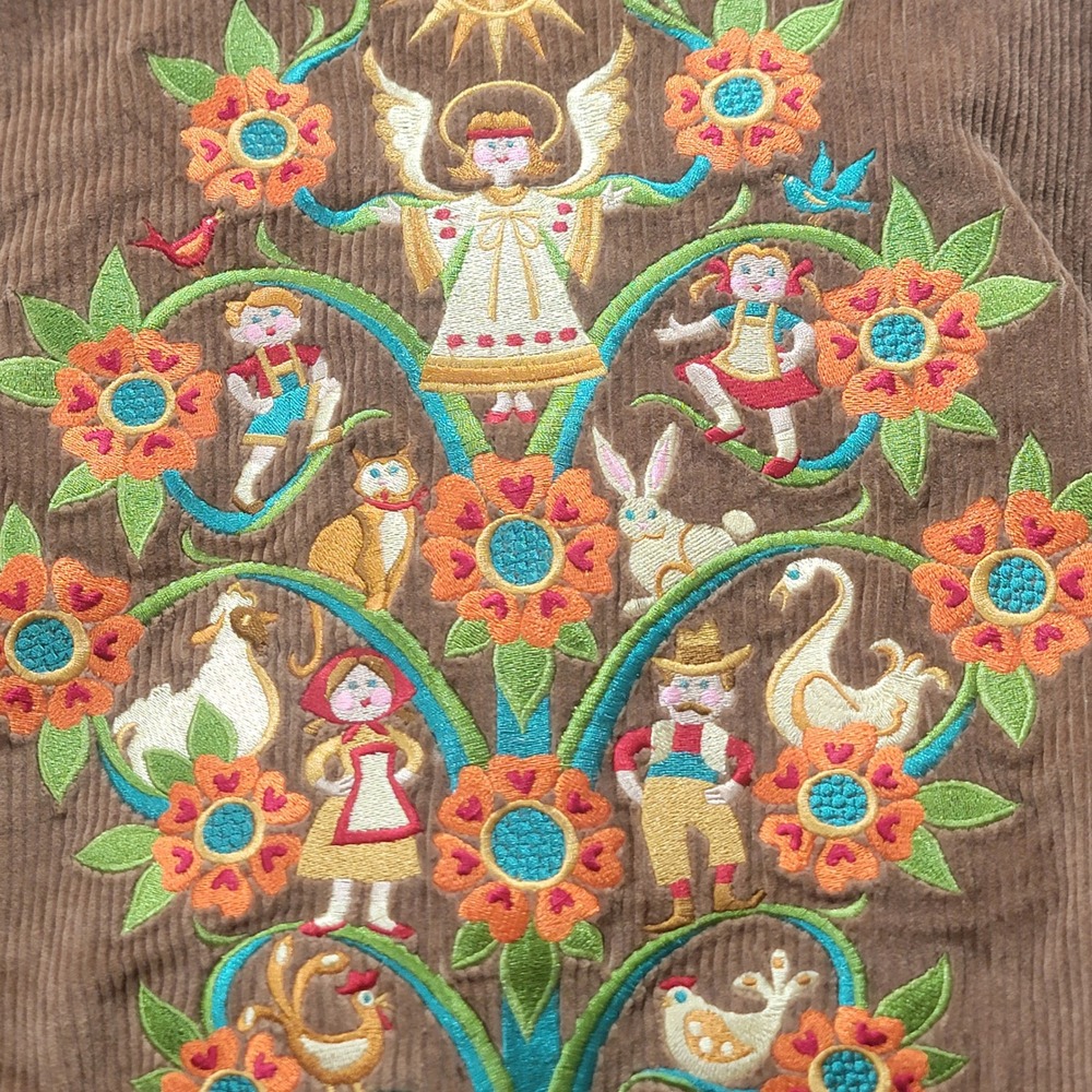 Bob Mackie Wearable Art Corduroy Embroidered Jacket 1X Folk Art Floral Tree Life